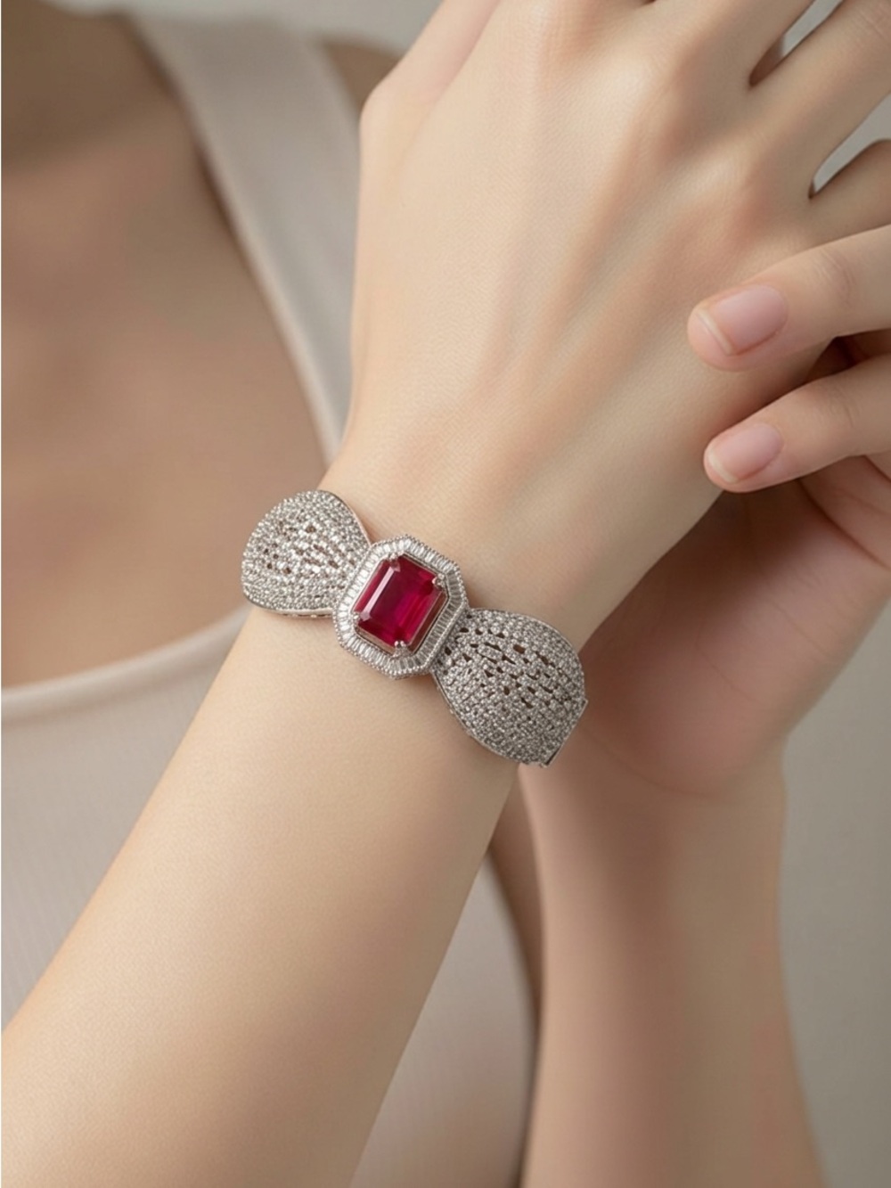Sparkling Silver Bracelet with Ruby Centerpiece